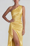 Sheath Yellow One Shoulder Ruffled Long Wedding Guest Dress with Slit