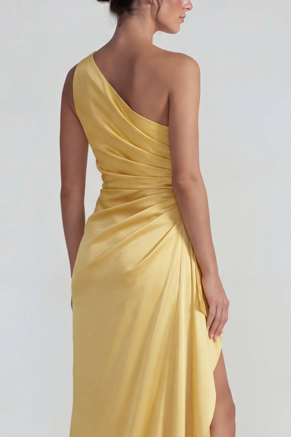 Sheath Yellow One Shoulder Ruffled Long Wedding Guest Dress with Slit