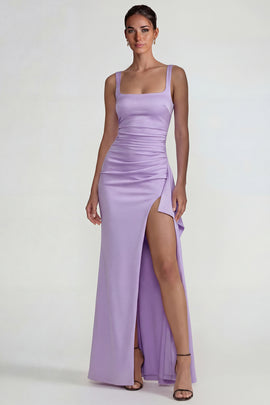 Lilac Sheath Square Neck Satin Long Wedding Guest Dress with Slit