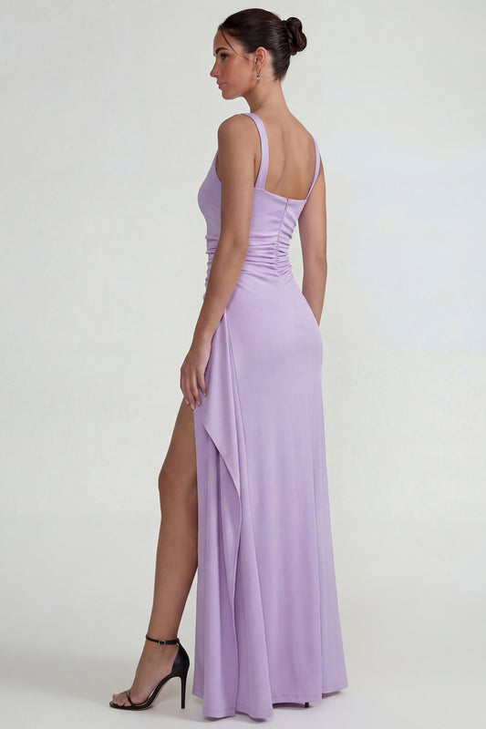 Lilac Sheath Square Neck Satin Long Wedding Guest Dress with Slit