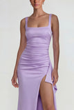 Lilac Sheath Square Neck Satin Long Wedding Guest Dress with Slit