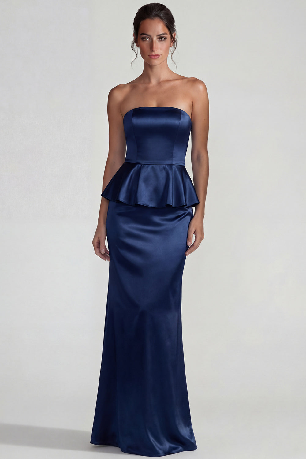 Navy Strapless Mermaid Long Satin Wedding Guest Dress with Ruffles