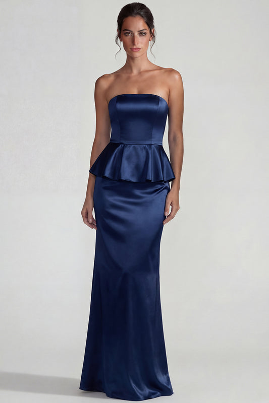 Navy Strapless Mermaid Long Satin Wedding Guest Dress with Ruffles