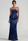 Navy Strapless Mermaid Long Satin Wedding Guest Dress with Ruffles