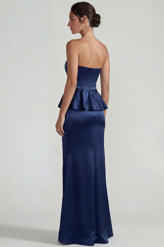 Navy Strapless Mermaid Long Satin Wedding Guest Dress with Ruffles