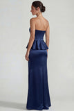 Navy Strapless Mermaid Long Satin Wedding Guest Dress with Ruffles