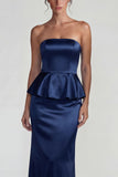Navy Strapless Mermaid Long Satin Wedding Guest Dress with Ruffles