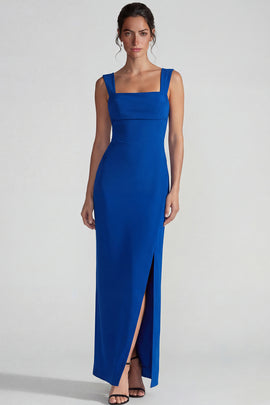 Royal Blue Square Neck Sheath Long Wedding Guest Dress with Slit
