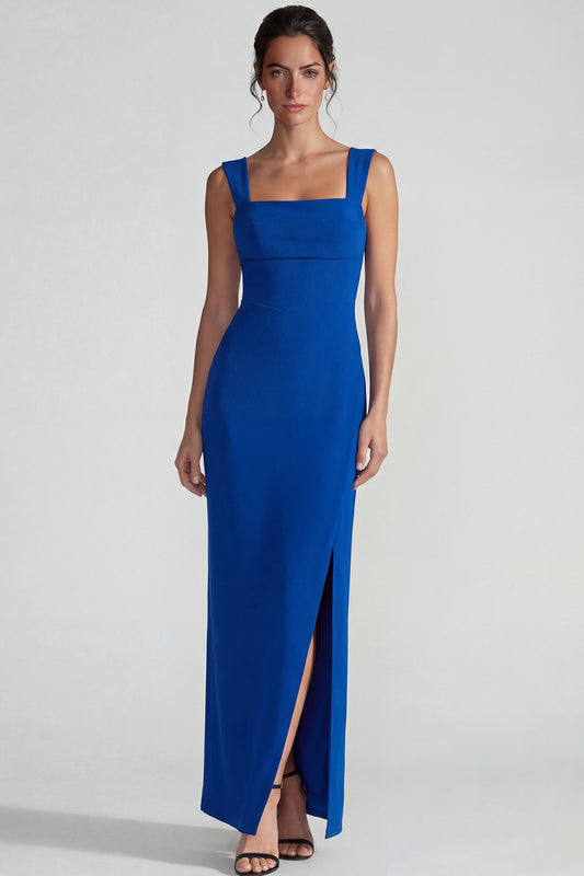 Royal Blue Square Neck Sheath Long Wedding Guest Dress with Slit