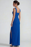 Royal Blue Square Neck Sheath Long Wedding Guest Dress with Slit