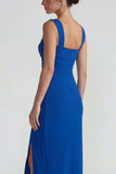 Royal Blue Square Neck Sheath Long Wedding Guest Dress with Slit
