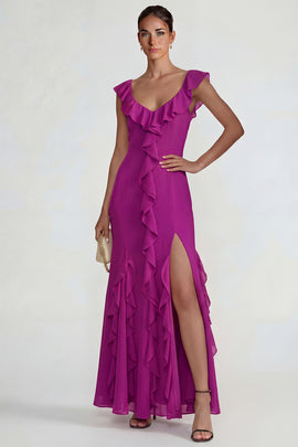 Dark Purple Mermaid Ruffled Long Wedding Guest Dress with Slit