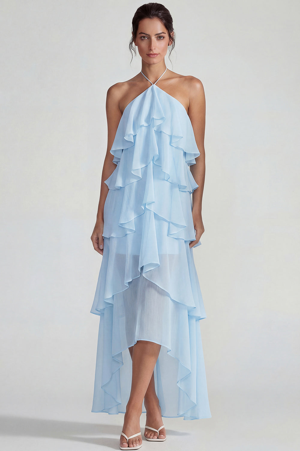 Blue A Line Tiered Halter Long Wedding Guest Dress with Ruffles