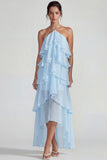 Blue A Line Tiered Halter Long Wedding Guest Dress with Ruffles