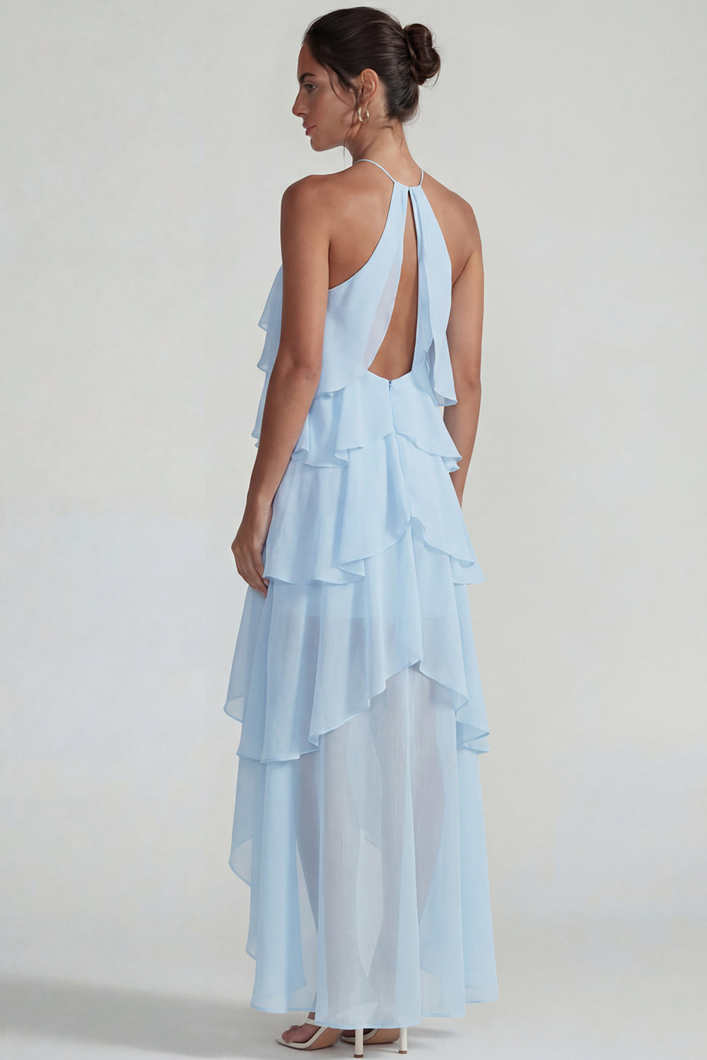 Blue A Line Tiered Halter Long Wedding Guest Dress with Ruffles