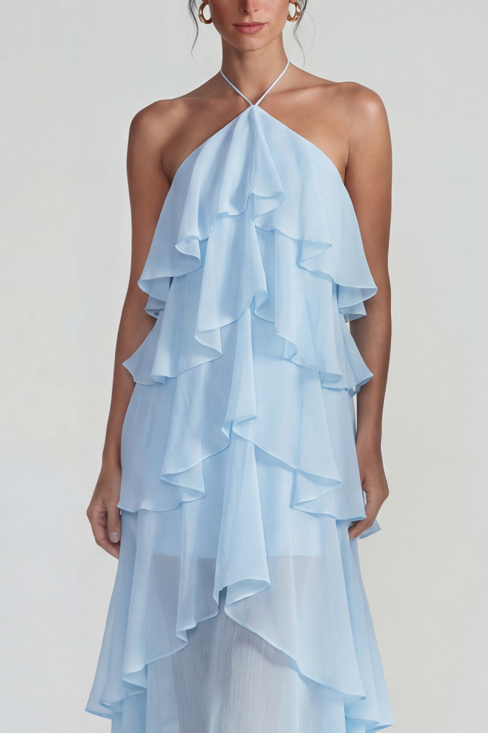 Blue A Line Tiered Halter Long Wedding Guest Dress with Ruffles
