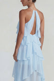 Blue A Line Tiered Halter Long Wedding Guest Dress with Ruffles