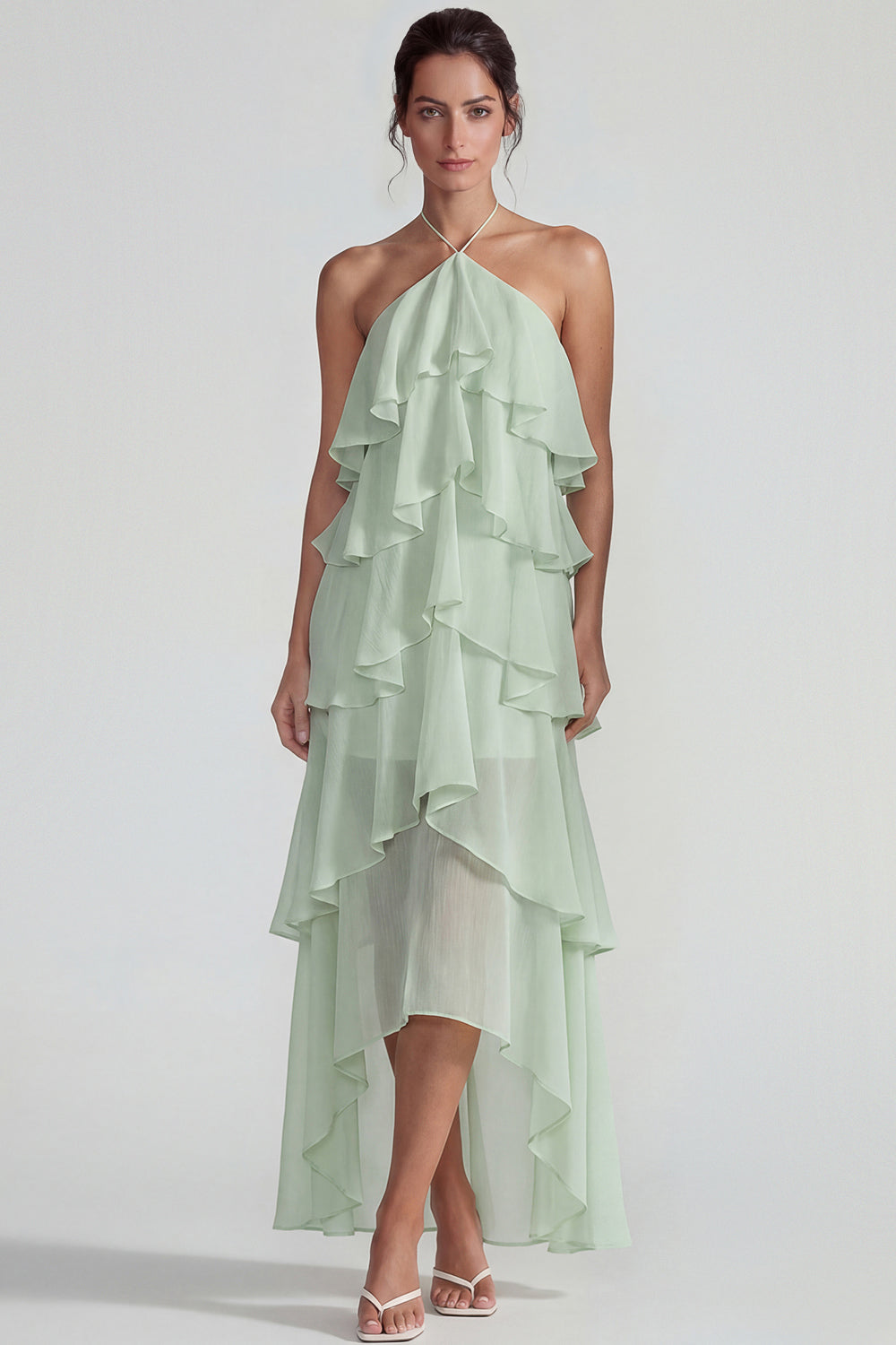 Blue A Line Tiered Halter Long Wedding Guest Dress with Ruffles