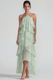 Blue A Line Tiered Halter Long Wedding Guest Dress with Ruffles