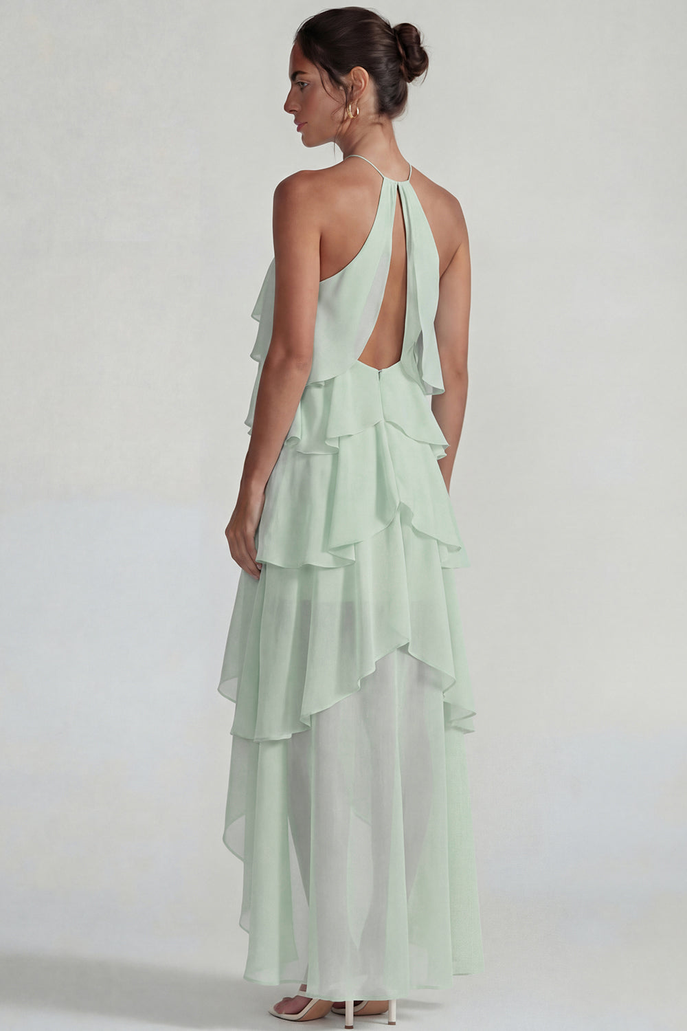 Blue A Line Tiered Halter Long Wedding Guest Dress with Ruffles