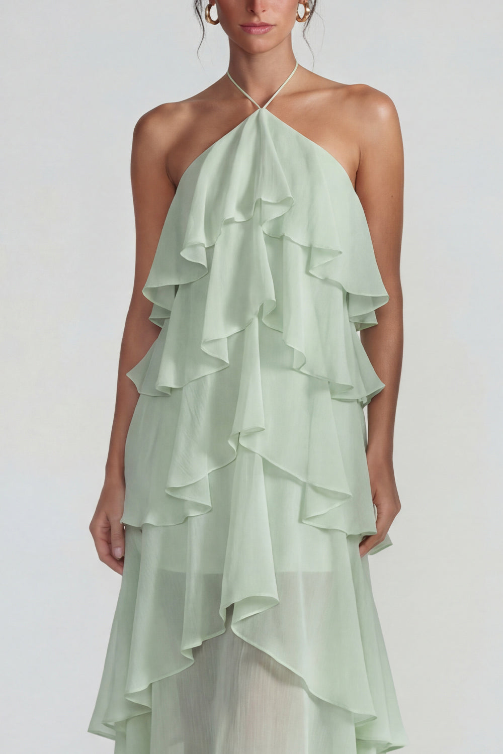 Blue A Line Tiered Halter Long Wedding Guest Dress with Ruffles