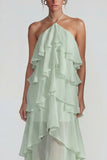 Blue A Line Tiered Halter Long Wedding Guest Dress with Ruffles