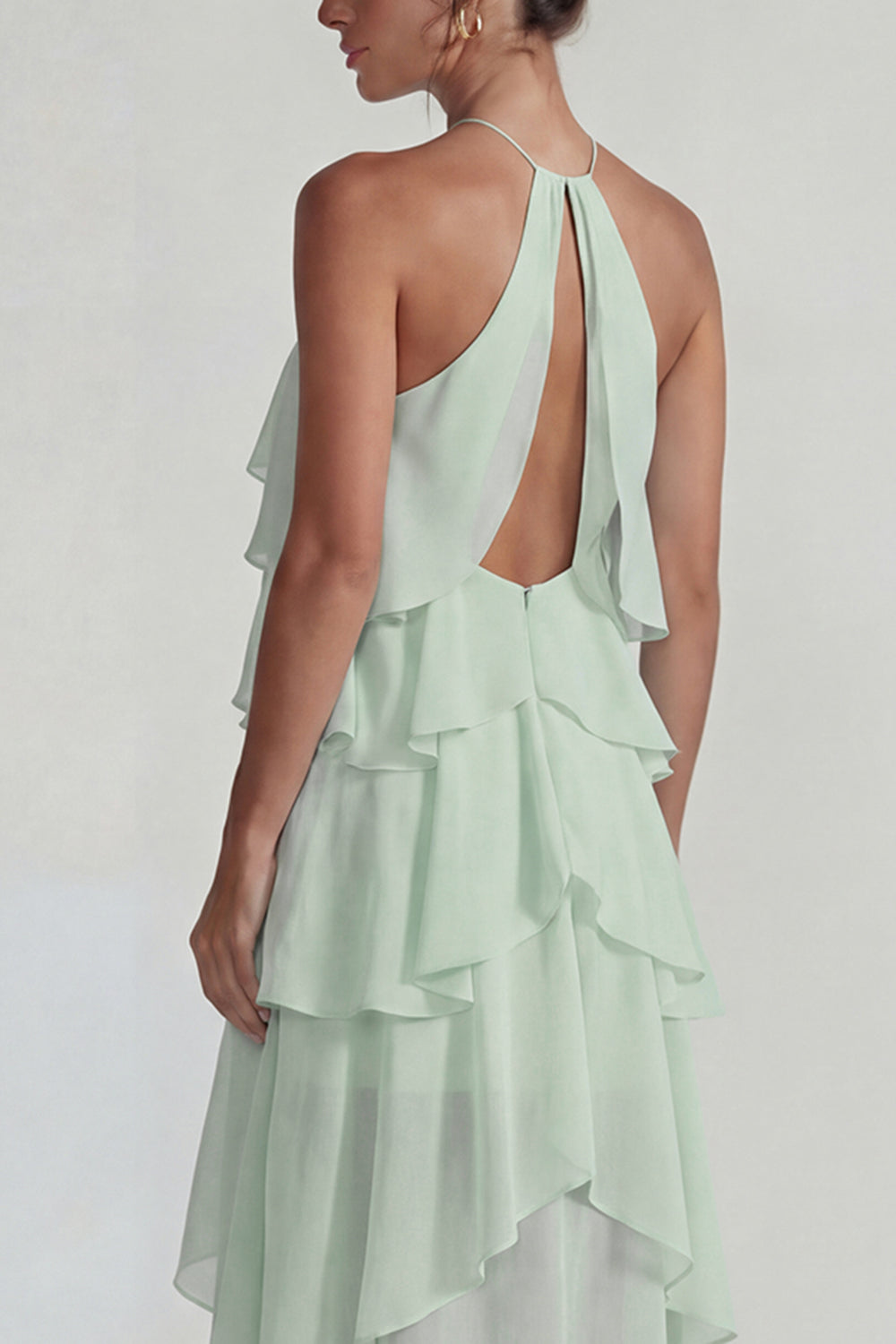 Blue A Line Tiered Halter Long Wedding Guest Dress with Ruffles