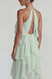 Blue A Line Tiered Halter Long Wedding Guest Dress with Ruffles
