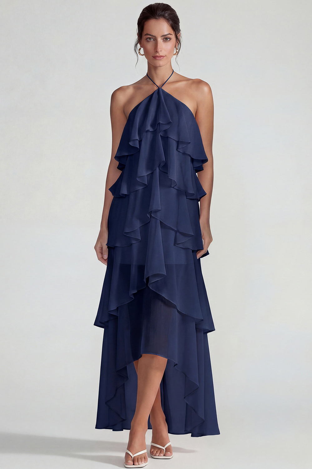 Blue A Line Tiered Halter Long Wedding Guest Dress with Ruffles