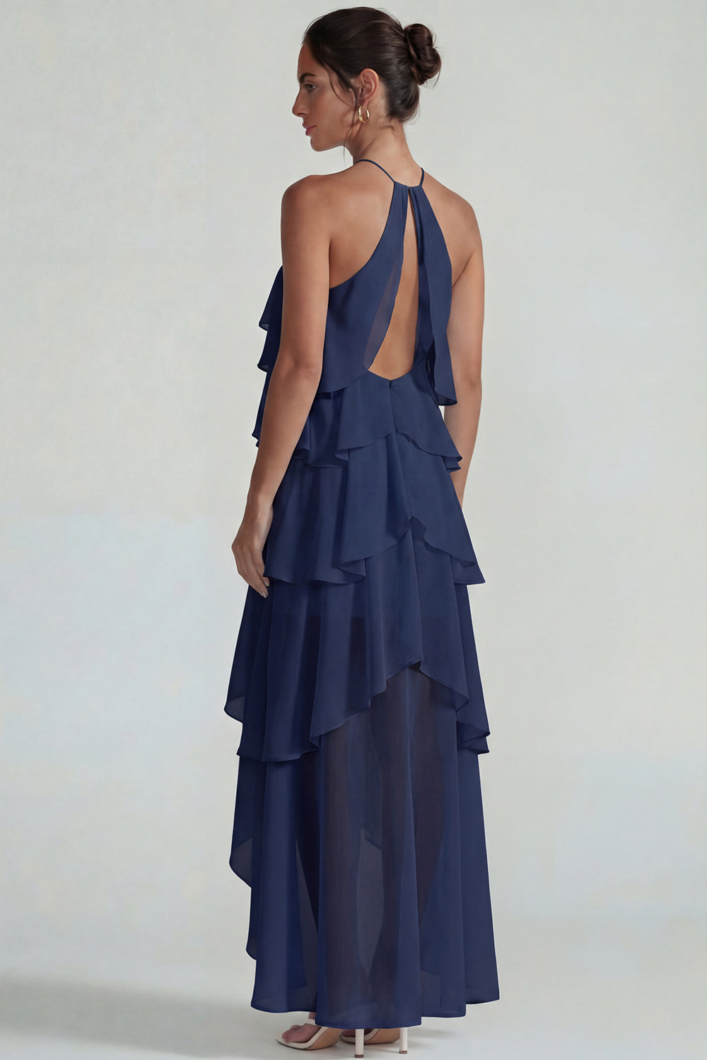 Blue A Line Tiered Halter Long Wedding Guest Dress with Ruffles