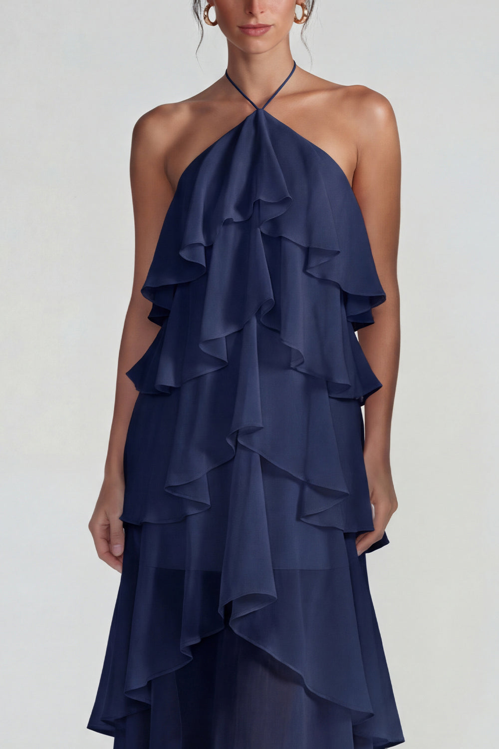 Blue A Line Tiered Halter Long Wedding Guest Dress with Ruffles