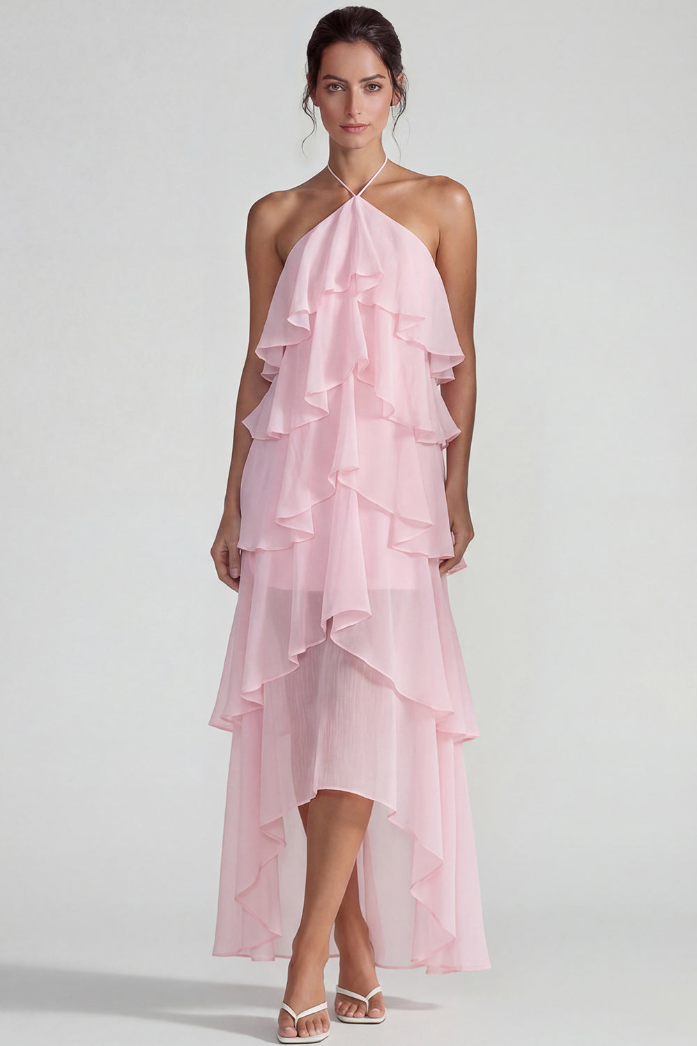 Blue A Line Tiered Halter Long Wedding Guest Dress with Ruffles