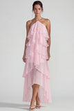 Blue A Line Tiered Halter Long Wedding Guest Dress with Ruffles