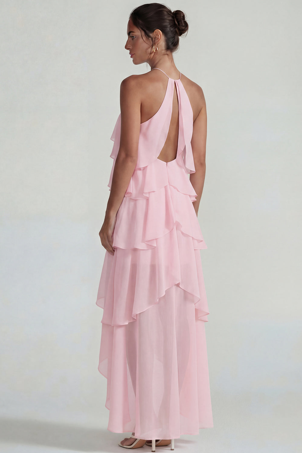 Blue A Line Tiered Halter Long Wedding Guest Dress with Ruffles