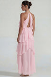 Blue A Line Tiered Halter Long Wedding Guest Dress with Ruffles