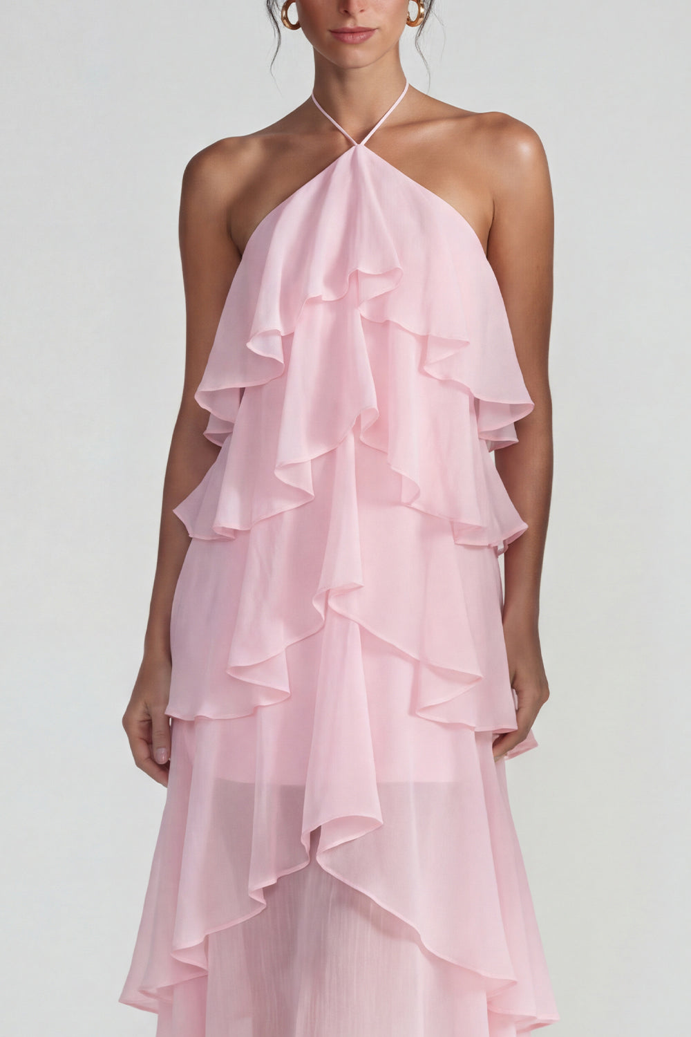 Blue A Line Tiered Halter Long Wedding Guest Dress with Ruffles