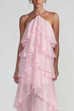 Blue A Line Tiered Halter Long Wedding Guest Dress with Ruffles