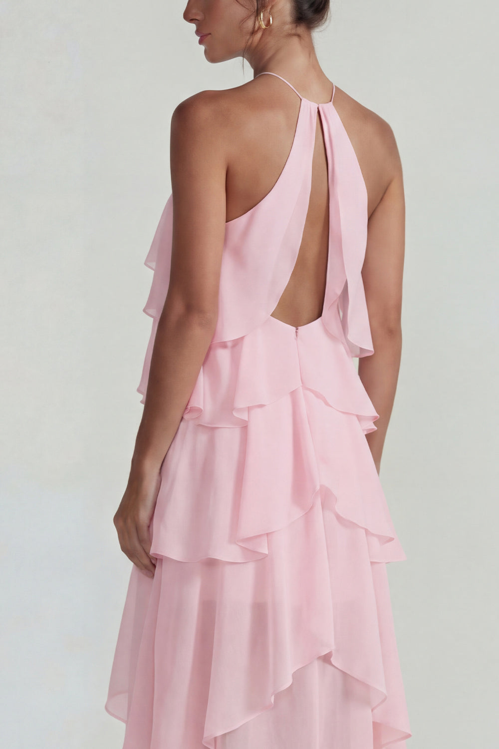 Blue A Line Tiered Halter Long Wedding Guest Dress with Ruffles