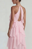 Blue A Line Tiered Halter Long Wedding Guest Dress with Ruffles