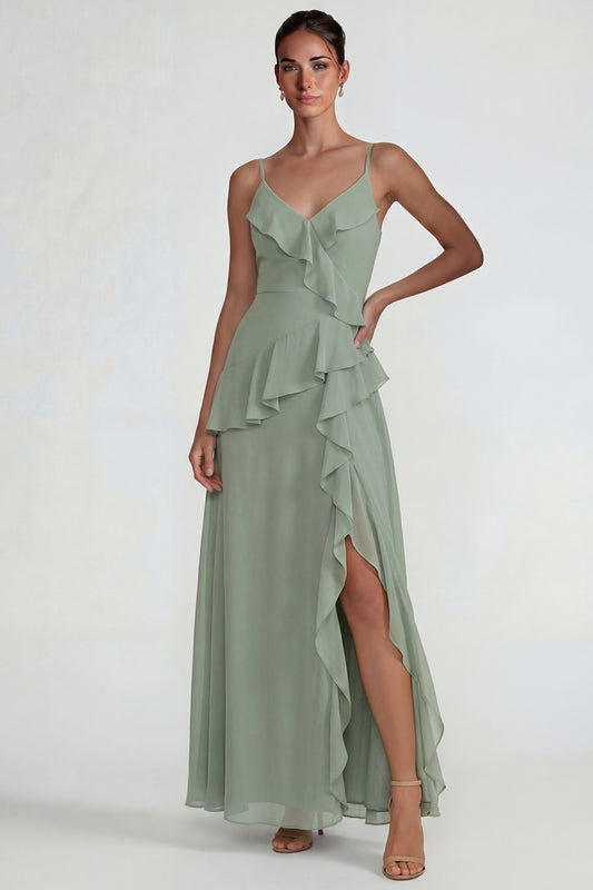 Dusty Sage Spaghetti Straps Ruffled Chiffon Long A Line Wedding Guest Dress with Slit