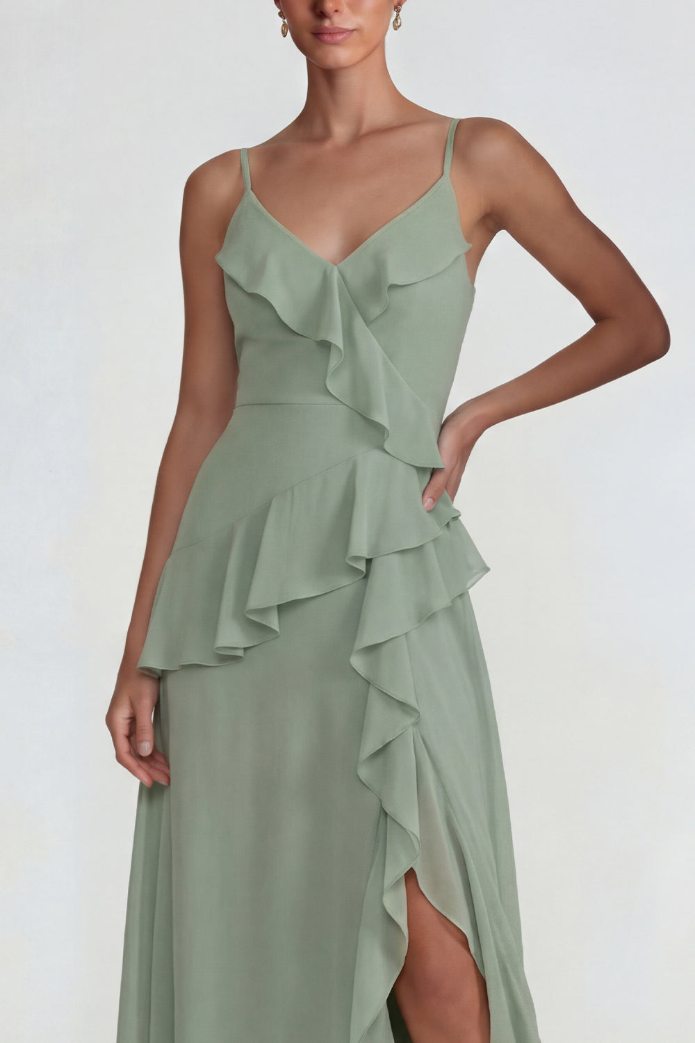 Dusty Sage Spaghetti Straps Ruffled Chiffon Long A Line Wedding Guest Dress with Slit