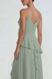 Dusty Sage Spaghetti Straps Ruffled Chiffon Long A Line Wedding Guest Dress with Slit