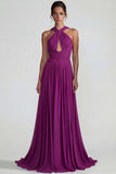 Dark Purple Chiffon Neck Scarf A Line Long Wedding Guest Dress with Keyhole