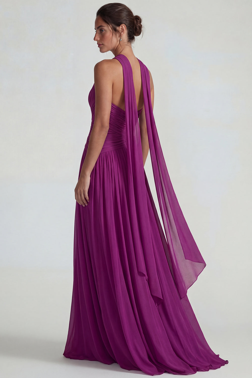 Zapakasa Women Dark Purple A Line Long Wedding Guest Dress Neck Scarf Chiffon Bridesmaid Dress with Keyhole