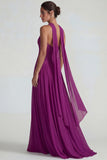 Dark Purple Chiffon Neck Scarf A Line Long Wedding Guest Dress with Keyhole