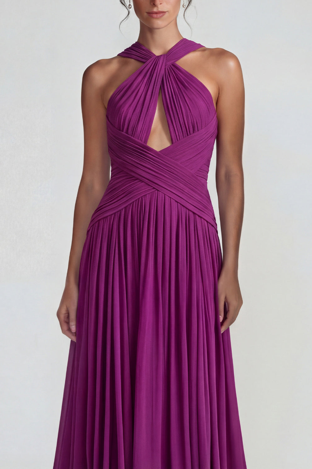 Dark Purple Chiffon Neck Scarf A Line Long Wedding Guest Dress with Keyhole