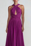 Dark Purple Chiffon Neck Scarf A Line Long Wedding Guest Dress with Keyhole