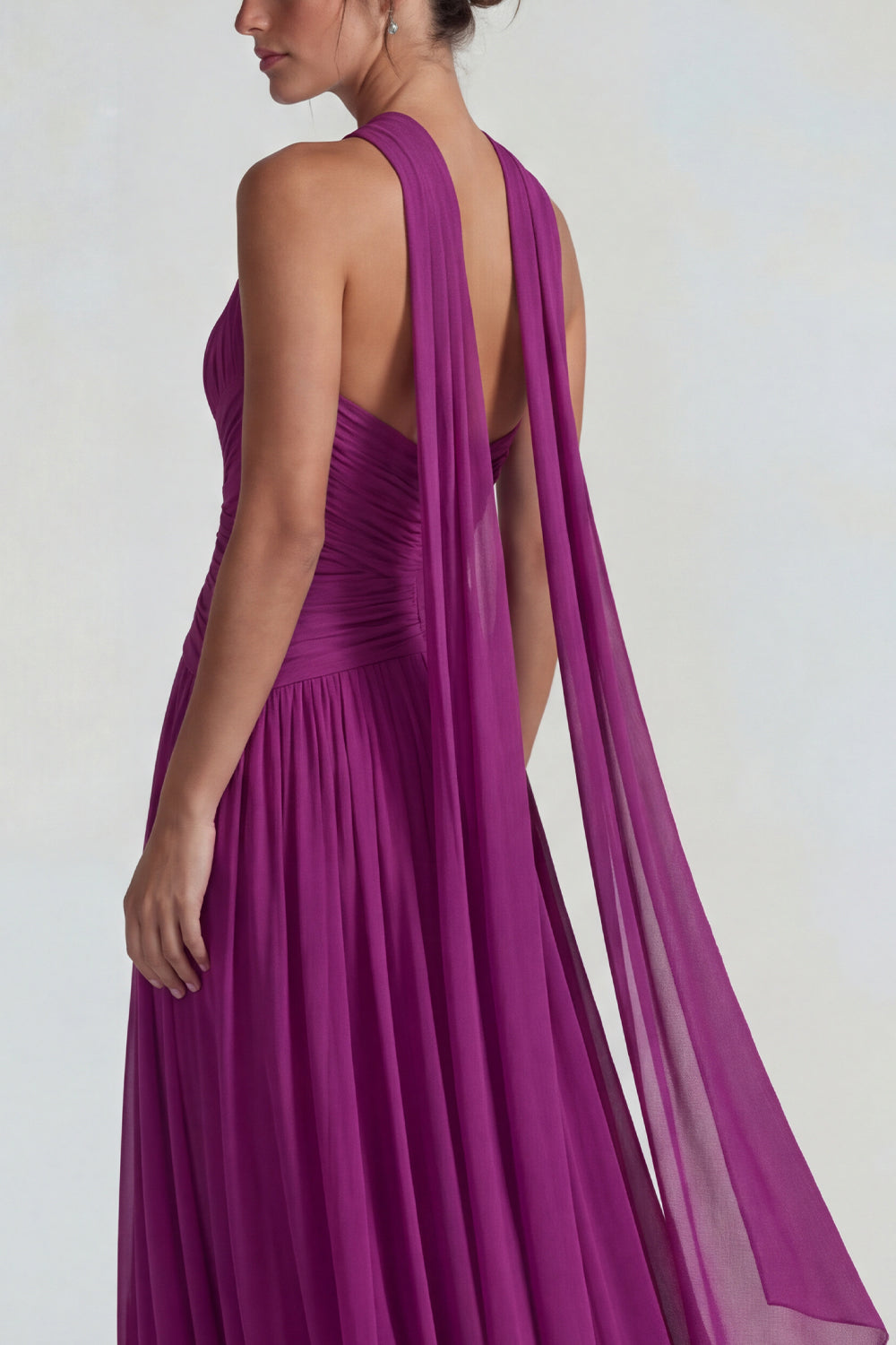 Zapakasa Women Dark Purple A Line Long Wedding Guest Dress Neck Scarf Chiffon Bridesmaid Dress with Keyhole