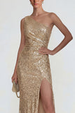 Sparkly Golden One Shoulder Sequin Long Mermaid Formal Dress