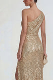 Sparkly Golden One Shoulder Sequin Long Mermaid Formal Dress